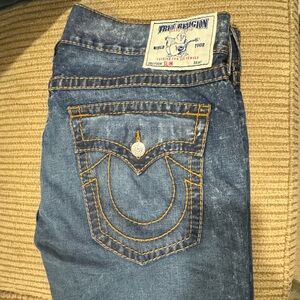 True Religion Men's Blue Jeans with Gold Stitching